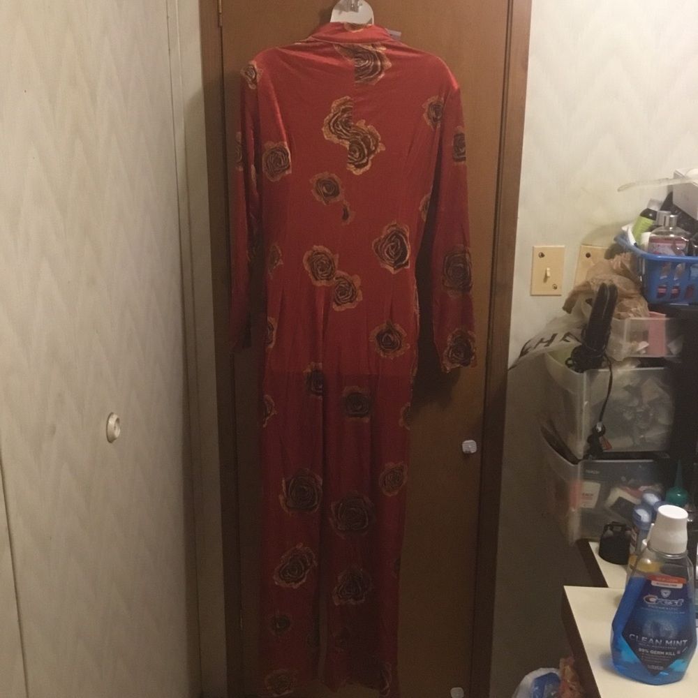 Oyrosy Elegant Red Floral Rose Velvet Zip up  Long Sleeve  Retro Jumpsuit M - Picture 11 of 13